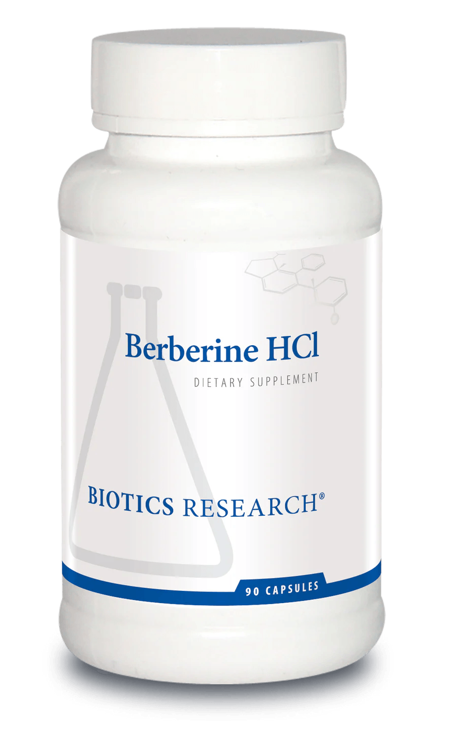 Biotics Research Berberine HCl dietary supplement bottle featuring white packaging with blue accents, a laboratory beaker graphic, and a 90 capsules count