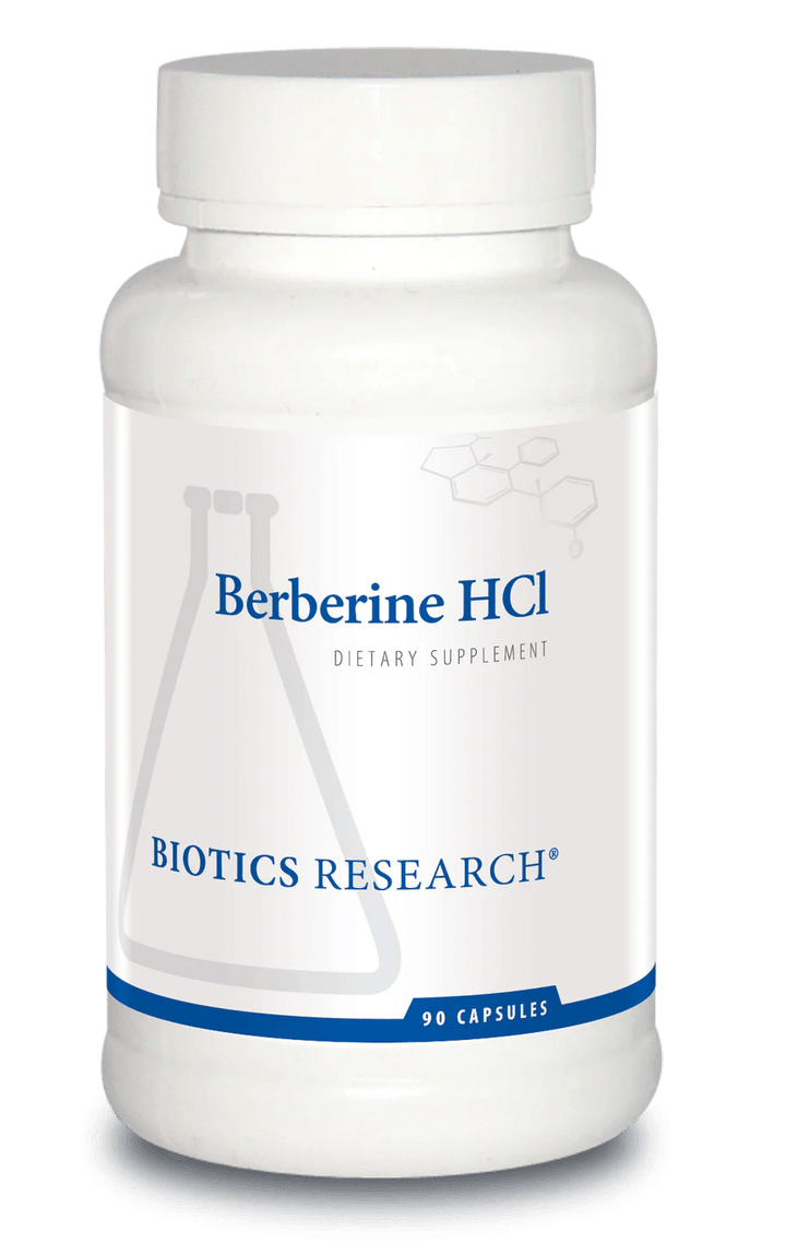 Biotics Research Berberine HCl dietary supplement bottle featuring white packaging with blue accents, a laboratory beaker graphic, and a 90 capsules count