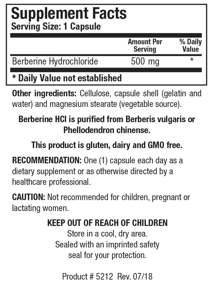 Supplement Facts label for Berberine HCl showing a serving size of 1 capsule, containing 500 mg of berberine hydrochloride purified from Berberis vulgaris or Phellodendron chinense.