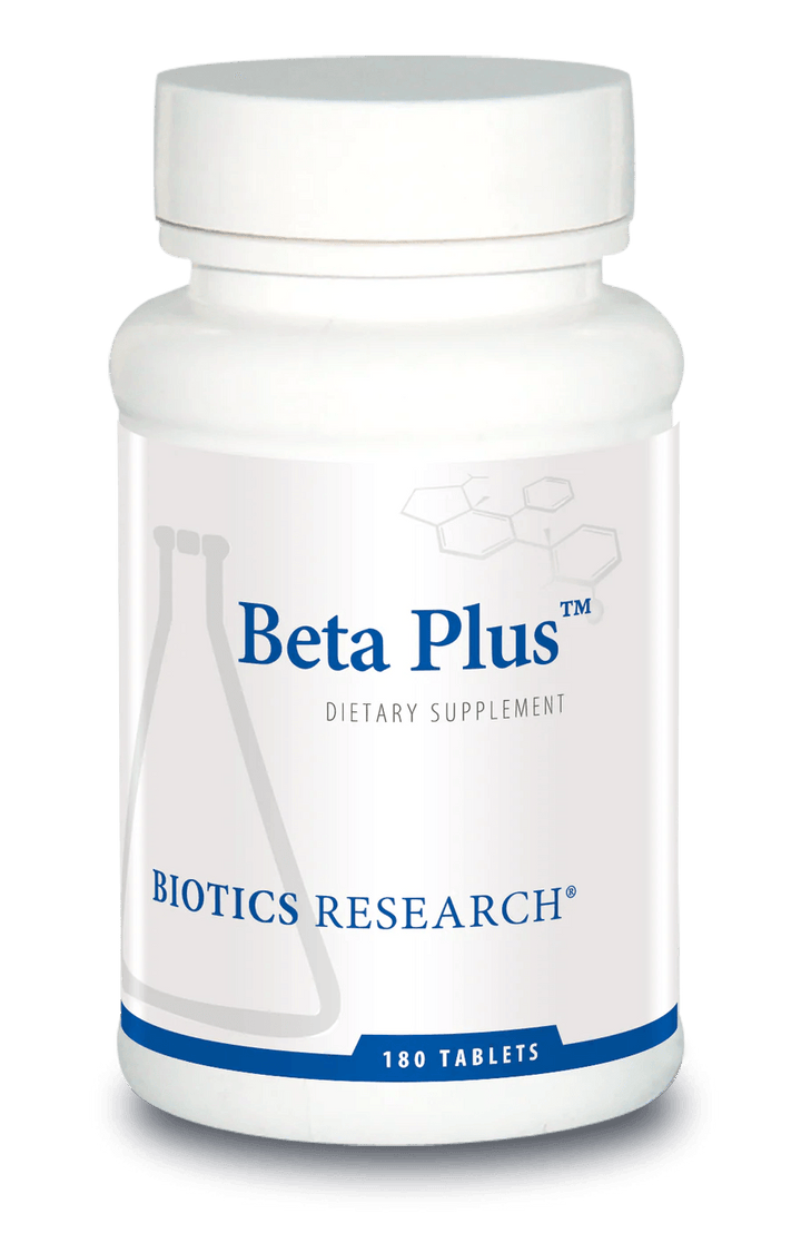 Biotics Research Beta Plus dietary supplement bottle featuring white packaging with blue accents, a laboratory beaker graphic, and a 180 tablets count