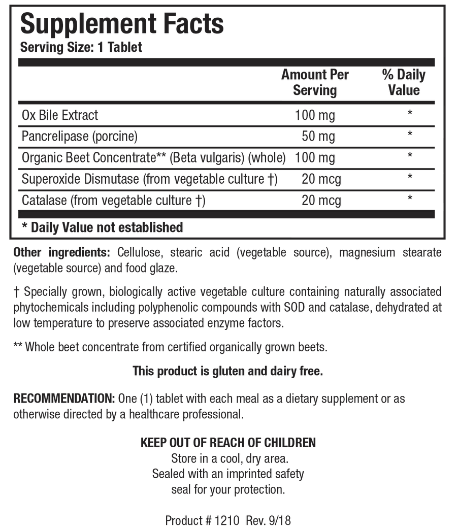 Supplement Facts label for Beta Plus showing a serving size of 1 tablet, containing ox bile extract, pancrelipase, organic beet concentrate (Beta vulgaris), superoxide dismutase, and catalase