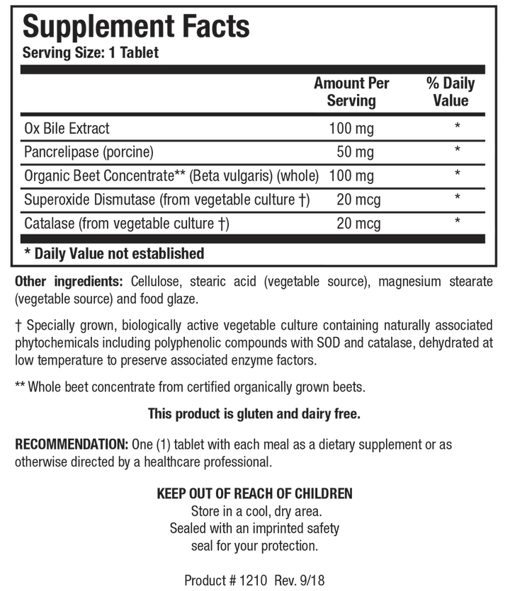 Supplement Facts label for Beta Plus showing a serving size of 1 tablet, containing ox bile extract, pancrelipase, organic beet concentrate (Beta vulgaris), superoxide dismutase, and catalase