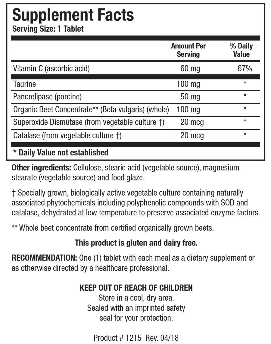 Supplement Facts label for Beta TCP showing a serving size of 1 tablet, containing vitamin C, taurine, pancrelipase, organic beet concentrate (Beta vulgaris), superoxide dismutase, and catalase.