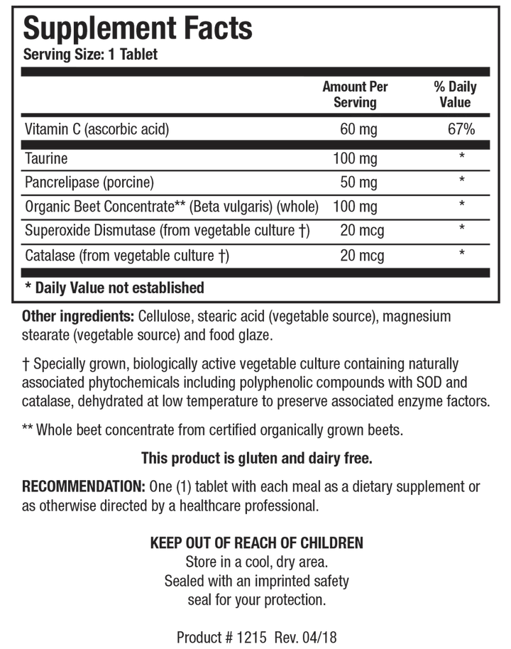 Supplement Facts label for Beta TCP showing a serving size of 1 tablet, containing vitamin C, taurine, pancrelipase, organic beet concentrate (Beta vulgaris), superoxide dismutase, and catalase.