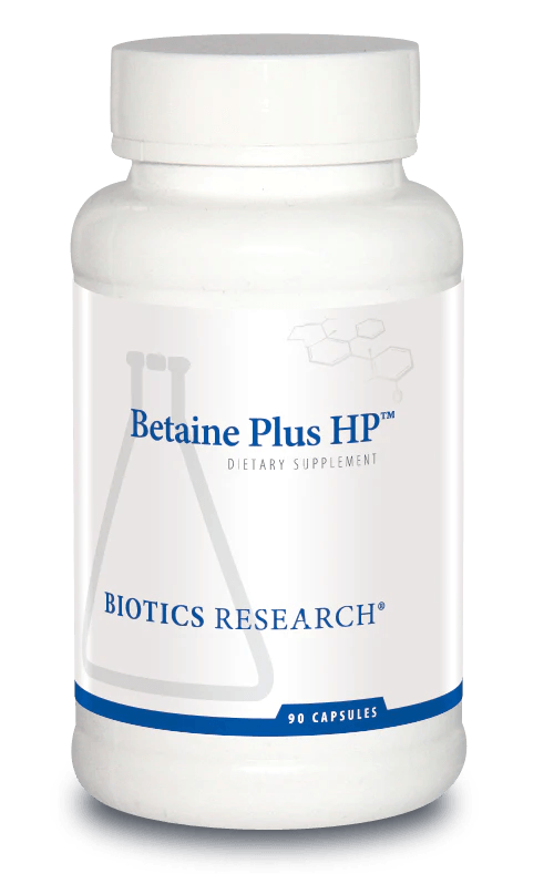 Biotics Research Betaine Plus HP dietary supplement bottle featuring white packaging with blue accents, a laboratory beaker graphic, and a 90 capsules count.