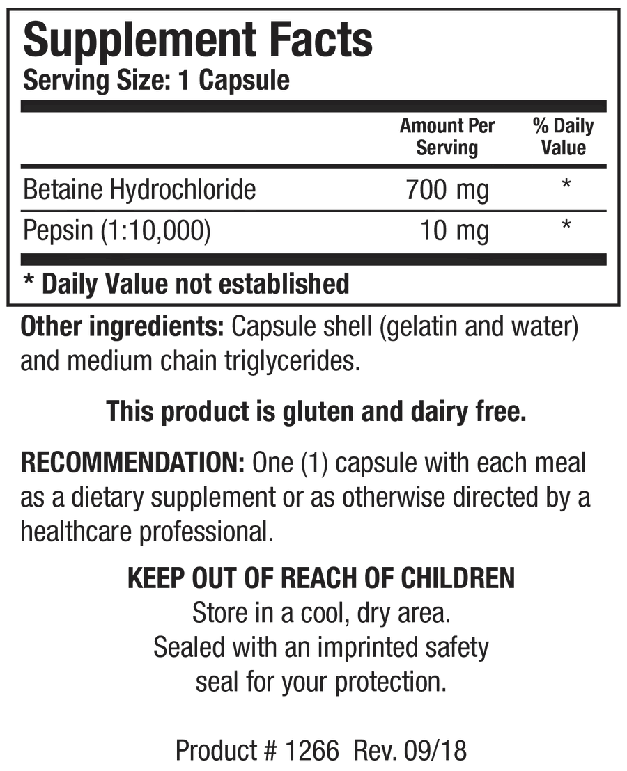 Supplement Facts label for Betaine Plus HP showing a serving size of 1 capsule, containing 700 mg of betaine hydrochloride and 10 mg of pepsin.