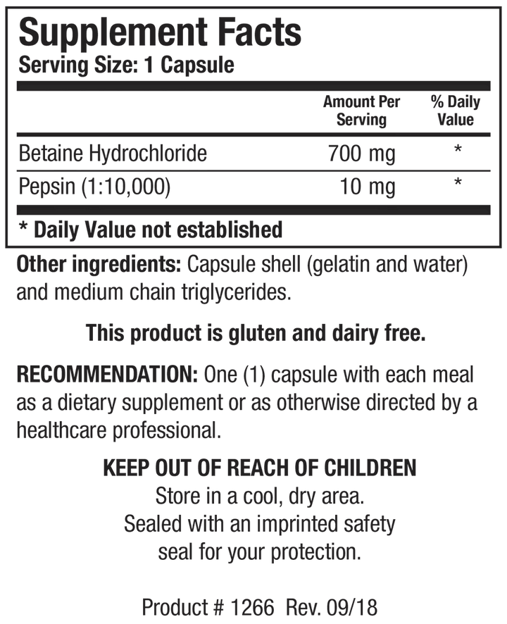 Supplement Facts label for Betaine Plus HP showing a serving size of 1 capsule, containing 700 mg of betaine hydrochloride and 10 mg of pepsin.