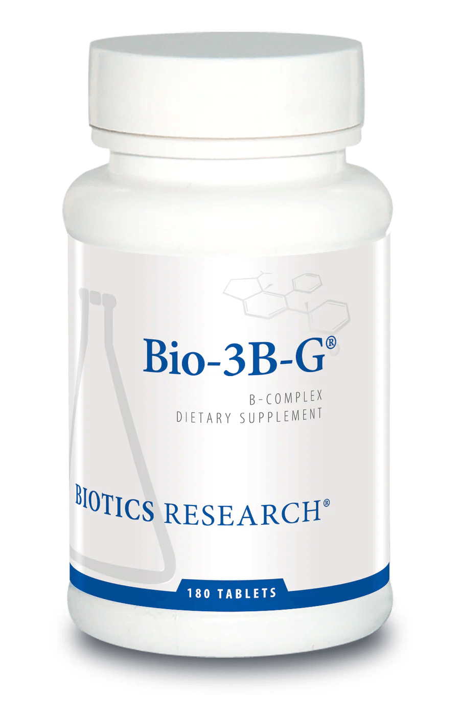 Biotics Research Bio-3B-G dietary supplement bottle featuring white packaging with blue accents, a laboratory beaker graphic, B-complex highlights, and a 180 tablets count