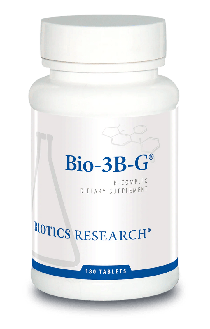 Biotics Research Bio-3B-G dietary supplement bottle featuring white packaging with blue accents, a laboratory beaker graphic, B-complex highlights, and a 180 tablets count