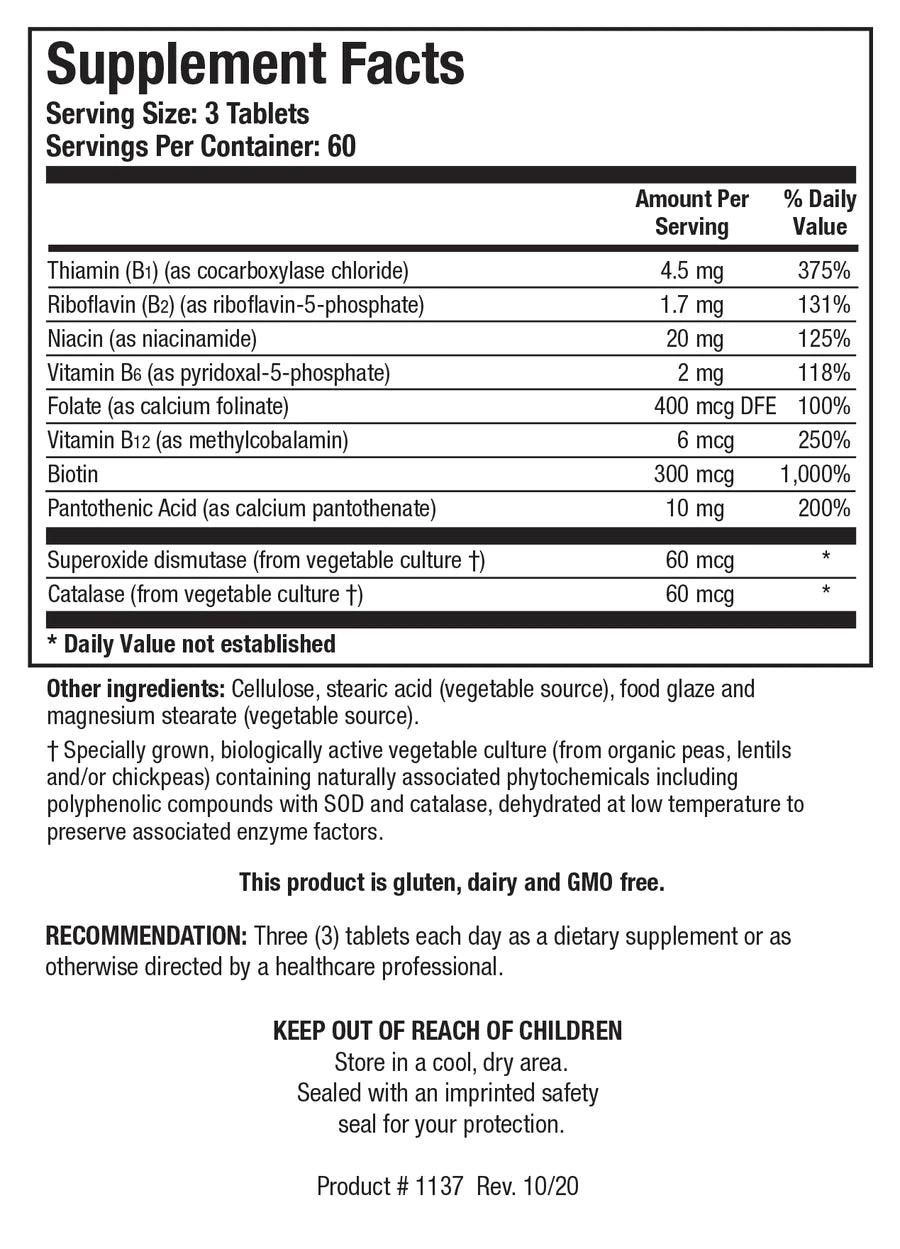 Supplement Facts label for Bio-3B-G showing a serving size of 3 tablets, containing thiamin as cocarboxylase chloride, riboflavin as riboflavin-5-phosphate, niacinamide, vitamin B6 as pyridoxal-5-phosphate, folate as calcium folinate, vitamin B12 as methylcobalamin, biotin, pantothenic acid, superoxide dismutase, and catalase.