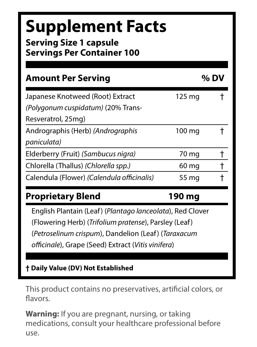 Supplement Facts label for IMN-A showing serving size 1 capsule (100 servings), featuring Japanese Knotweed, Andrographis, Elderberry, Chlorella, Calendula, and a proprietary herbal blend.