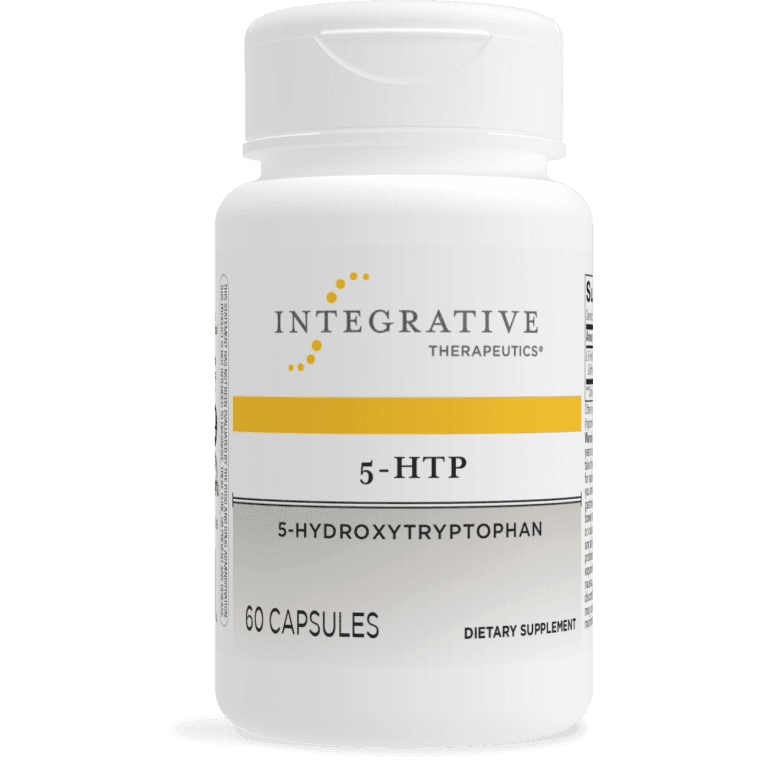 Integrative Therapeutics 5-HTP dietary supplement bottle featuring white packaging with gold and grey accents, 5-hydroxytryptophan labeling, and a 60 capsules count.