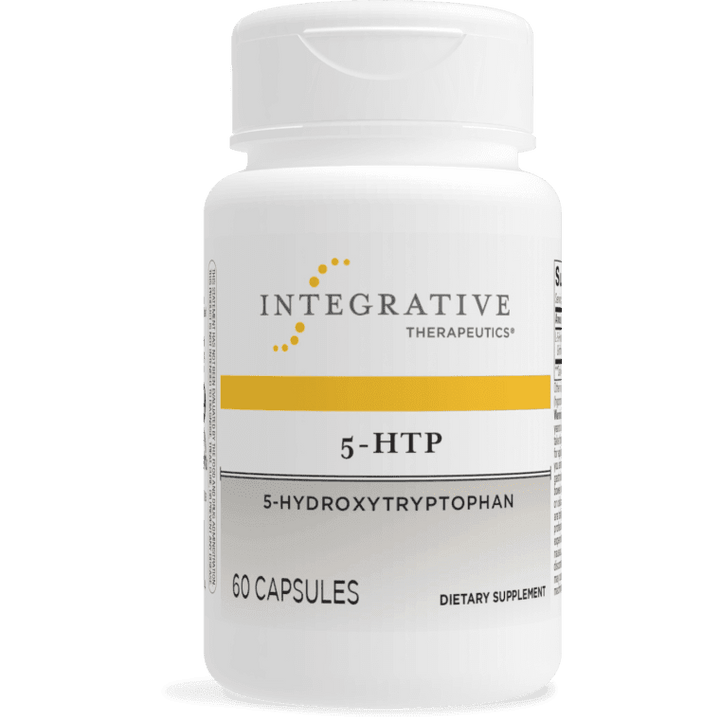 Integrative Therapeutics 5-HTP dietary supplement bottle featuring white packaging with gold and grey accents, 5-hydroxytryptophan labeling, and a 60 capsules count.