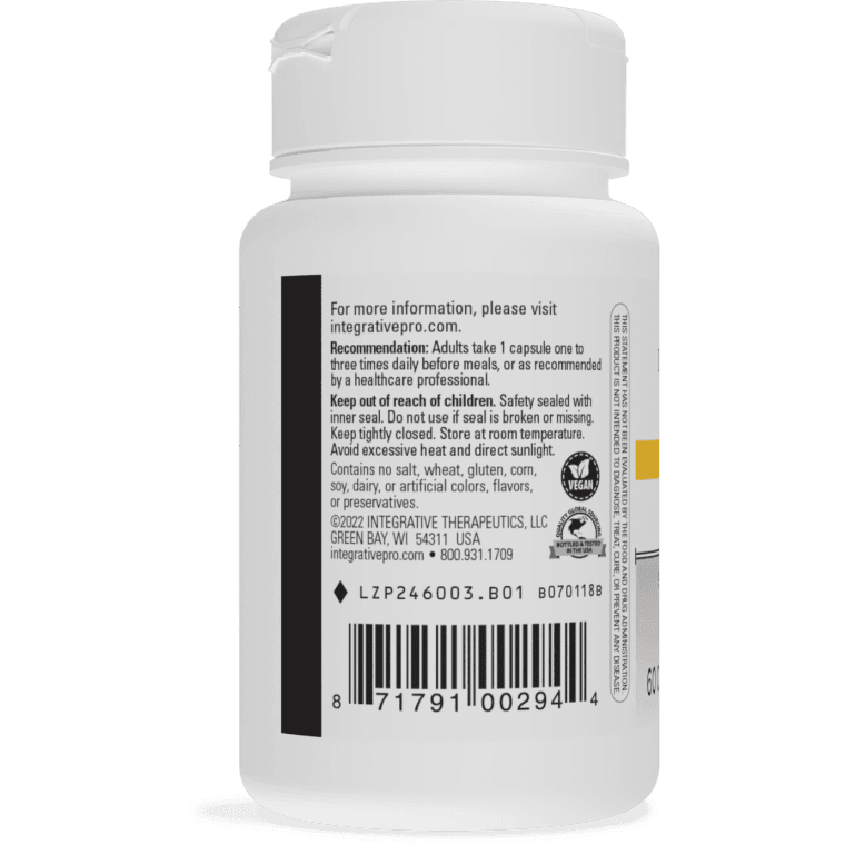 Integrative Therapeutics 5-HTP dietary supplement bottle back label featuring usage recommendations, vegan and purity certification seals, manufacturer details for Integrative Therapeutics, and barcode 871791002944.