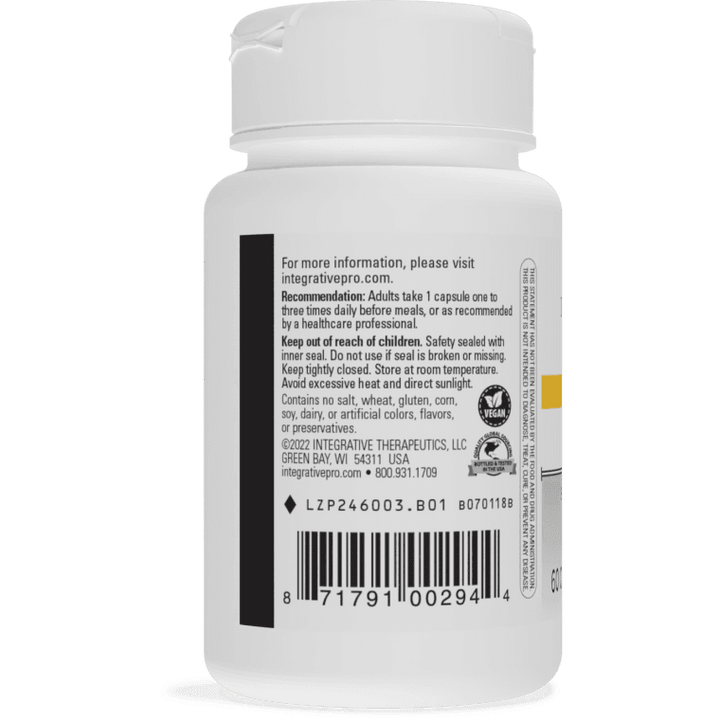 Integrative Therapeutics 5-HTP dietary supplement bottle back label featuring usage recommendations, vegan and purity certification seals, manufacturer details for Integrative Therapeutics, and barcode 871791002944.