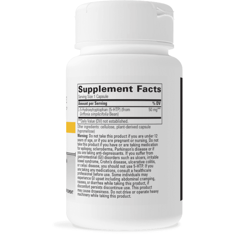 5-HTP showing a serving size of 1 capsule, containing 50 mg of L-5-Hydroxytryptophan (5-HTP) derived from Griffonia simplicifolia bean.