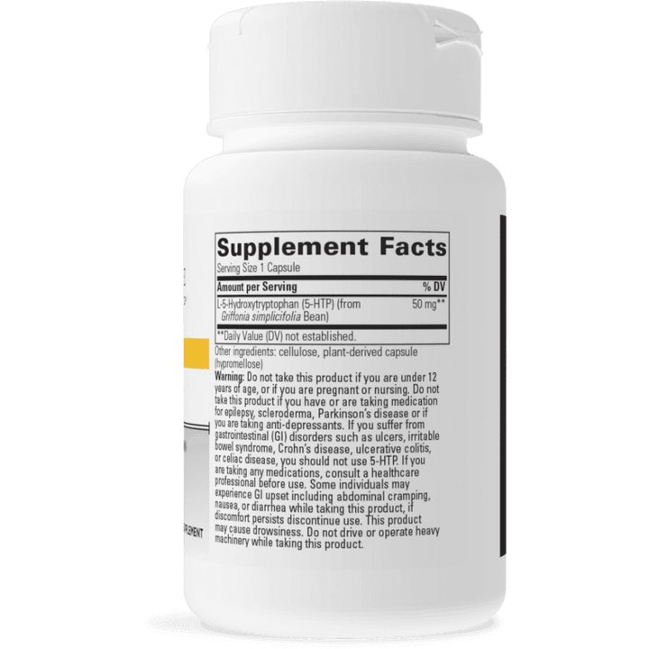 5-HTP showing a serving size of 1 capsule, containing 50 mg of L-5-Hydroxytryptophan (5-HTP) derived from Griffonia simplicifolia bean.