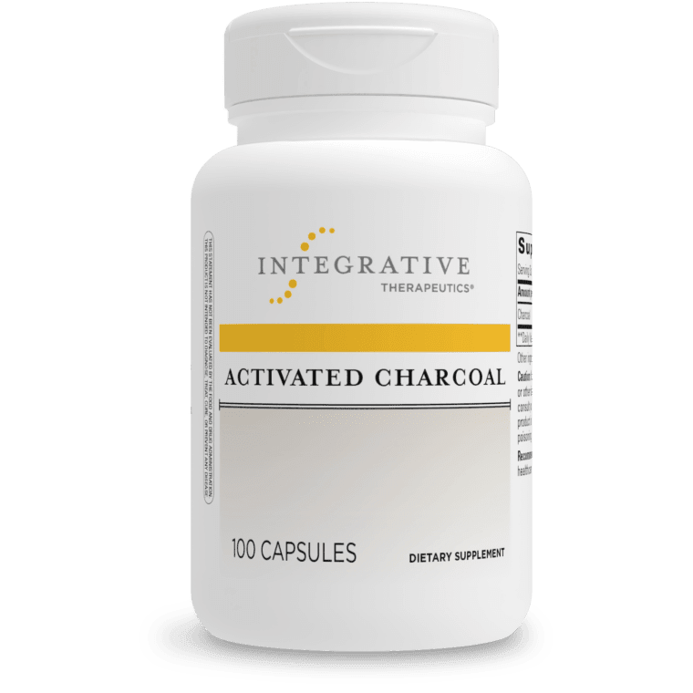 Integrative Therapeutics Activated Charcoal dietary supplement bottle featuring white packaging with a yellow stripe accent, Integrative Therapeutics logo, and a 100 capsules count
