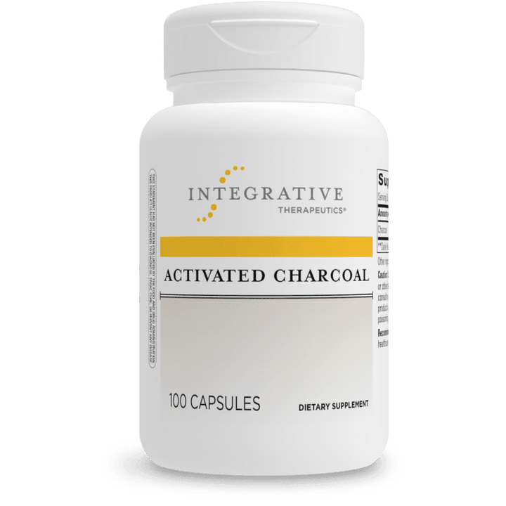 Integrative Therapeutics Activated Charcoal dietary supplement bottle featuring white packaging with a yellow stripe accent, Integrative Therapeutics logo, and a 100 capsules count