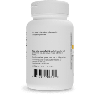 Back label view of Integrative Therapeutics Activated Charcoal bottle showing website details, allergen information stating no wheat, gluten, corn, soy, or dairy products, distributor info, and UPC barcode.