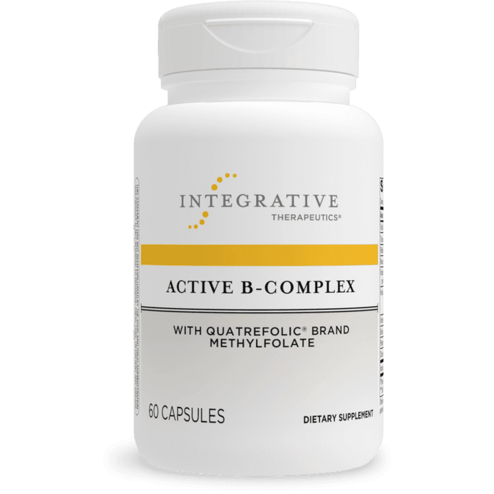 Integrative Therapeutics Active B-Complex dietary supplement bottle featuring white packaging with a yellow stripe accent, Integrative Therapeutics logo, highlighting Quatrefolic brand methylfolate, and a 60 capsules count.