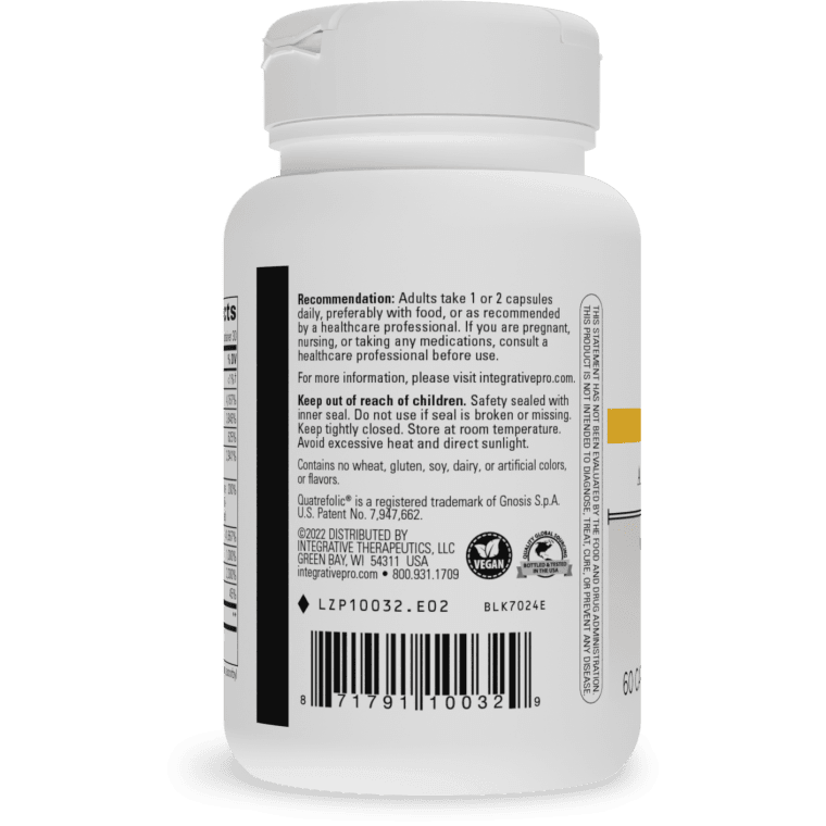 Back label view of Integrative Therapeutics Active B-Complex bottle showing usage recommendations (1 or 2 capsules daily), storage directions, website details, allergen information stating no wheat, gluten, soy, dairy, or artificial colors or flavors, trademark details, and UPC barcode.