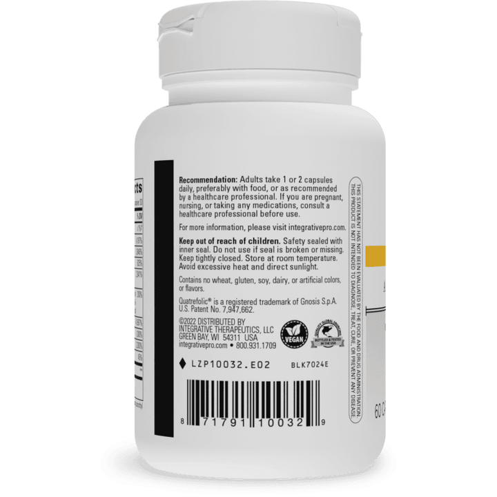 Back label view of Integrative Therapeutics Active B-Complex bottle showing usage recommendations (1 or 2 capsules daily), storage directions, website details, allergen information stating no wheat, gluten, soy, dairy, or artificial colors or flavors, trademark details, and UPC barcode.