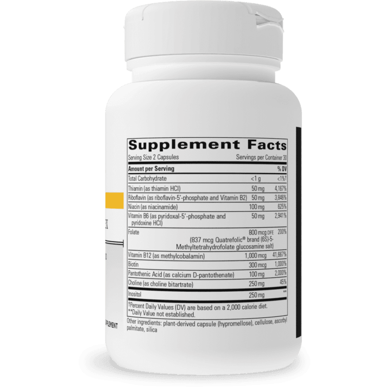 Supplement Facts panel on bottle for Integrative Therapeutics Active B-Complex showing a serving size of 2 capsules with 30 servings per container, containing 50 mg thiamin, 50 mg riboflavin, 100 mg niacin, 50 mg vitamin B6, 800 mcg DFE folate (as Quatrefolic), 1,000 mcg vitamin B12 (as methylcobalamin), 300 mcg biotin, 100 mg pantothenic acid, 250 mg choline, and 250 mg inositol.
