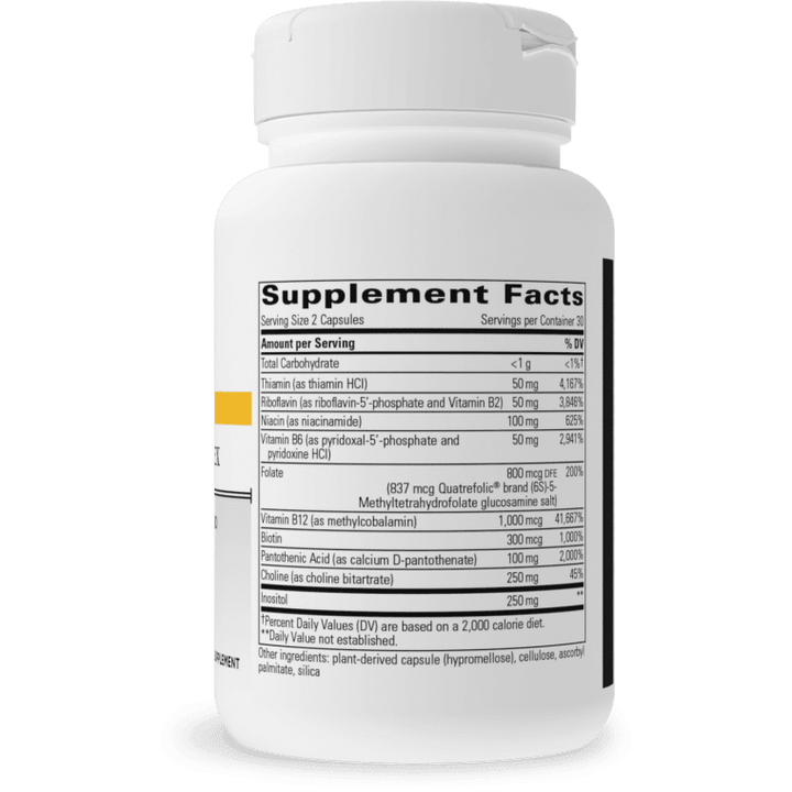 Supplement Facts panel on bottle for Integrative Therapeutics Active B-Complex showing a serving size of 2 capsules with 30 servings per container, containing 50 mg thiamin, 50 mg riboflavin, 100 mg niacin, 50 mg vitamin B6, 800 mcg DFE folate (as Quatrefolic), 1,000 mcg vitamin B12 (as methylcobalamin), 300 mcg biotin, 100 mg pantothenic acid, 250 mg choline, and 250 mg inositol.