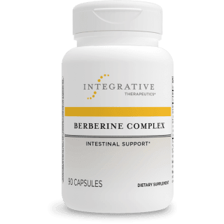 Integrative Therapeutics Berberine Complex intestinal support dietary supplement bottle featuring white packaging with a yellow stripe accent, Integrative Therapeutics logo, and a 90 capsules count.