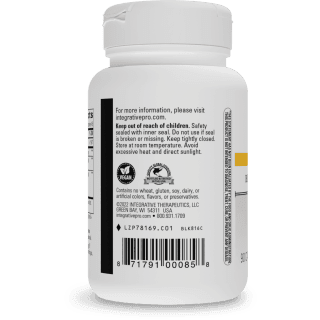 Back label view of Integrative Therapeutics Berberine Complex bottle showing website details, storage instructions, vegan certification, allergen information stating no wheat, gluten, soy, dairy, or artificial colors, flavors, or preservatives, distributor info, and UPC barcode.