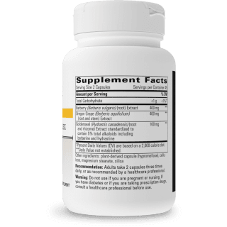 Supplement Facts panel on bottle for Integrative Therapeutics Berberine Complex showing a serving size of 2 capsules with 45 servings per container, containing less than 1 g total carbohydrate, 400 mg barberry root extract, 400 mg Oregon grape root and stem extract, and 100 mg goldenseal root and rhizome extract standardized to 5% total alkaloids including berberine and hydrastine.