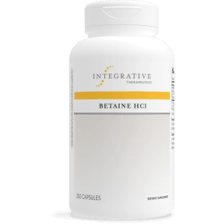 Integrative Therapeutics Betaine HCl dietary supplement bottle featuring white packaging with a yellow stripe accent, Integrative Therapeutics logo, and a 250 capsules count.