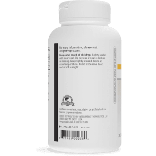 Back label view of Integrative Therapeutics Betaine HCl bottle showing website details, storage instructions, allergen information stating no wheat, soy, dairy, or artificial colors, flavors, or preservatives, distributor info, and UPC barcode.