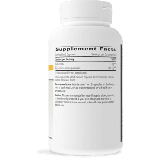 Supplement Facts panel on bottle for Integrative Therapeutics Betaine HCl showing a serving size of 2 capsules with 125 servings per container, containing 1.3 g of Betaine HCl and 260 mg of pepsin (acid-stable protease).