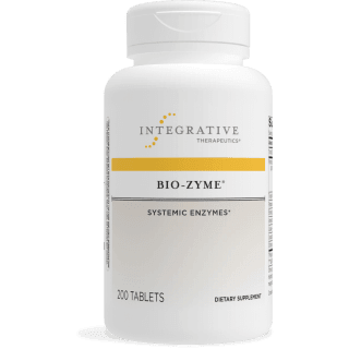 Integrative Therapeutics Bio-Zyme systemic enzymes dietary supplement bottle featuring white packaging with a yellow stripe accent, Integrative Therapeutics logo, and a 200 tablets count.