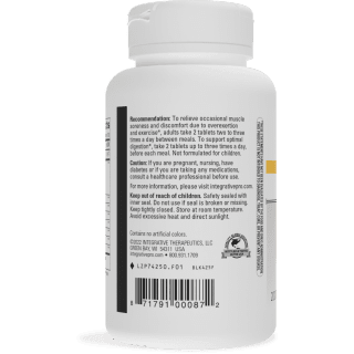 Back label view of Integrative Therapeutics Bio-Zyme bottle showing recommendation for muscle soreness and digestion, storage instructions, allergen information stating no artificial colors, distributor info, website details, and UPC barcode
