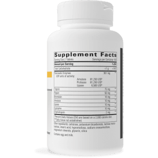 Supplement Facts panel on bottle for Integrative Therapeutics Bio-Zyme showing a serving size of 2 tablets with 100 servings per container, containing less than 1 g total carbohydrate, 301 mg of pancreatic enzymes (including 81,250 USP units amylase, 81,250 USP units protease, and 6,500 USP units lipase), 75 mg trypsin, 50 mg papain, 16 mg bromelain, 10 mg amylase, 10 mg lipase, 10 mg lysozyme, and 2 mg chymotrypsin