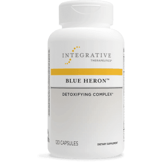 Integrative Therapeutics Blue Heron detoxifying complex dietary supplement bottle featuring white packaging with a yellow stripe accent, Integrative Therapeutics logo, and a 120 capsules count.