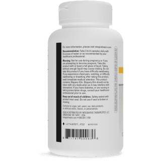 Back label view of Integrative Therapeutics Blue Heron bottle showing recommendations, warnings regarding slippery elm and choking hazards, allergen information stating no sugar, salt, yeast, soy, dairy products, or artificial colors, flavors, or preservatives, distributor info, website details, and UPC barcode.