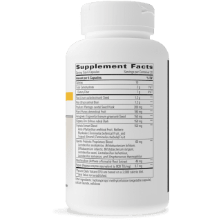 Supplement Facts panel on bottle for Integrative Therapeutics Blue Heron showing a serving size of 4 capsules with 30 servings per container, containing 10 calories, 2 g total carbohydrate, 1 g dietary fiber, 1.3 g flax seed, 1.2 g rice bran, 200 mg psyllium seed husk, 180 mg prune fruit, 150 mg fenugreek seed, 150 mg slippery elm bark, 150 mg Triphala extract blend, 60 mg Spectra Probiotic Proprietary Blend, 48 mg marshmallow root extract, and 3.7 mg papain.