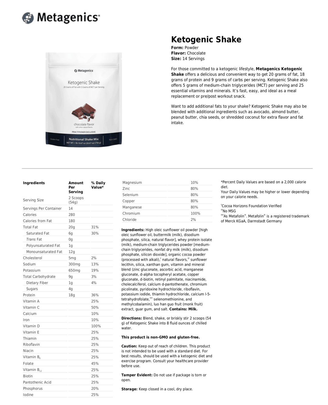 Ketogenic Shake information (Chocolate flavor)