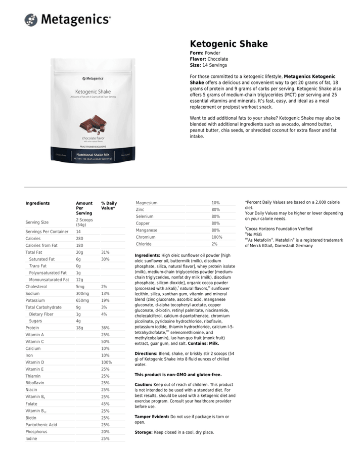 Ketogenic Shake information (Chocolate flavor)