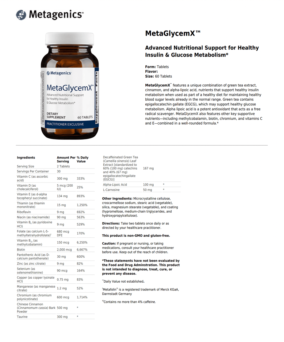 MetaGlycemX supplement facts - Pharmedico