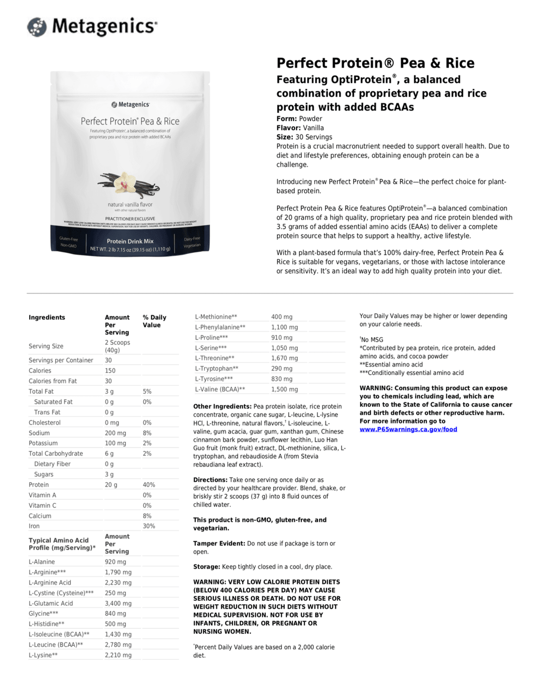 Perfect Protein® Pea & Rice Vanilla flavor supplement facts