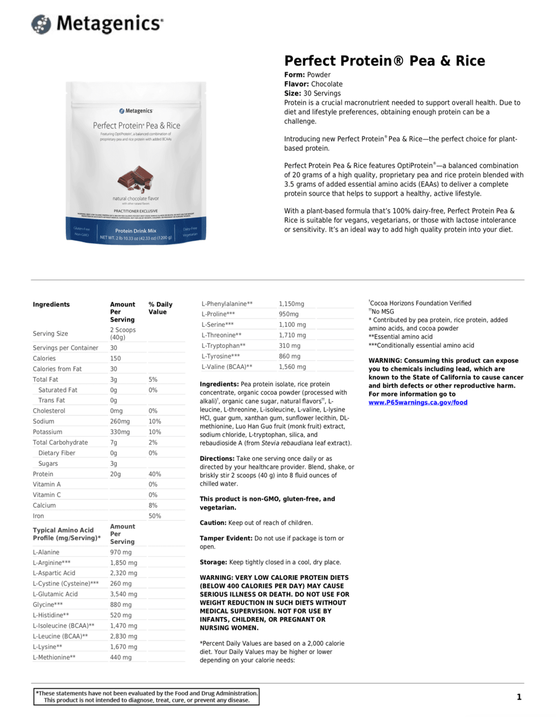 Perfect Protein® Pea & Rice Chocolate flavor supplement facts