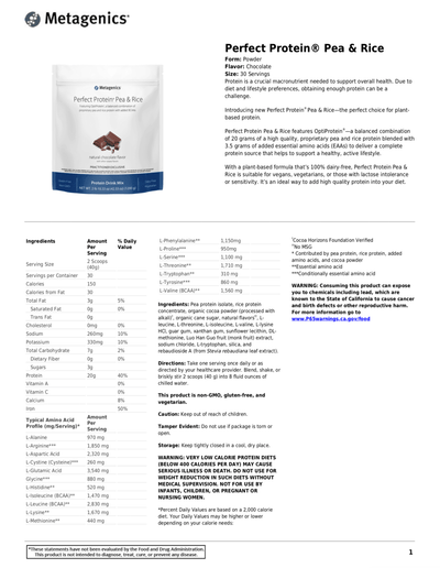 Perfect Protein® Pea & Rice Chocolate flavor supplement facts