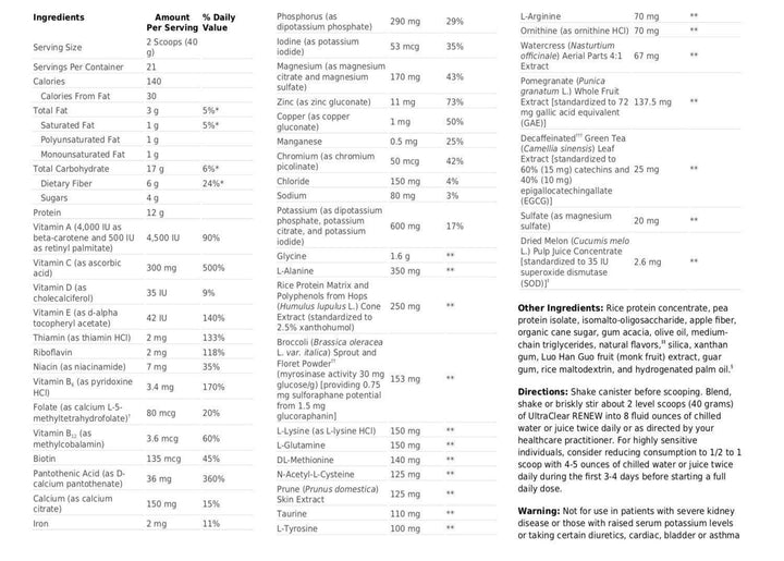 UltraClear RENEW 21 serving Supplement Facts - Pharmedico