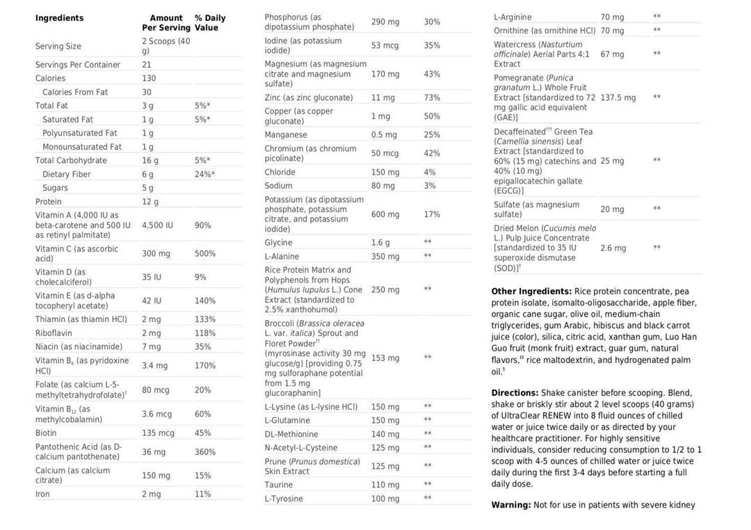 UltraClear RENEW 21 serving Supplement Facts - Pharmedico