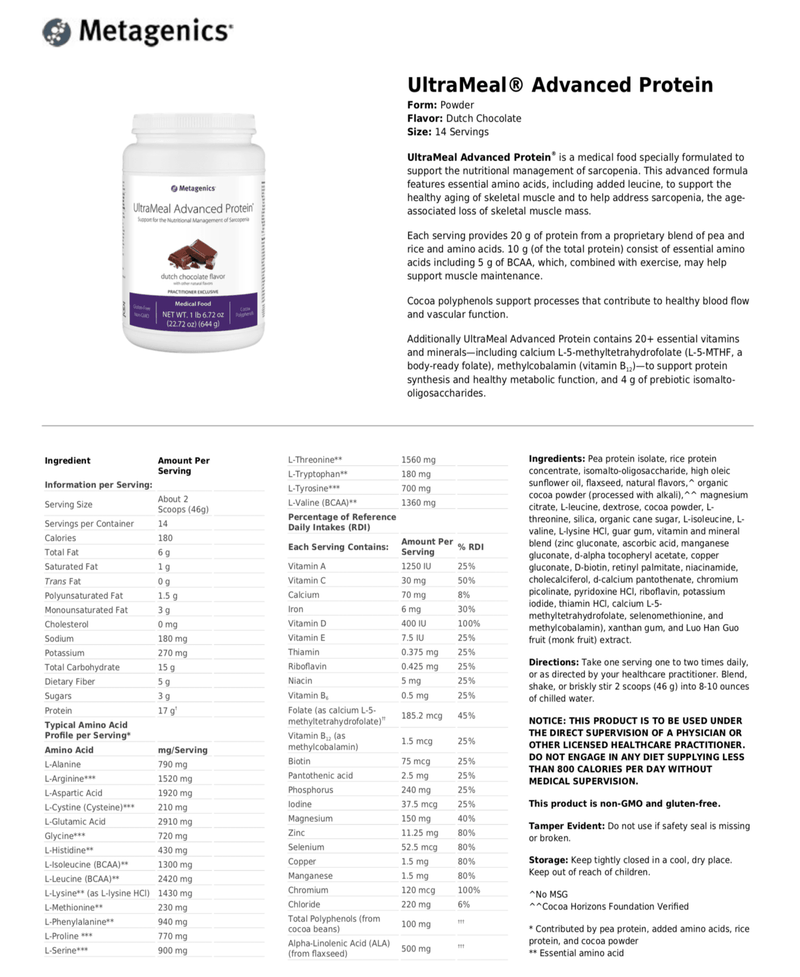 UltraMeal Advanced Protein Chocolate Flavor supplement facts - Pharmedico
